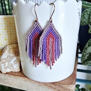 BOGO EARRINGS Purple and red beaded fringe cascade dangle earrings, 2.5"